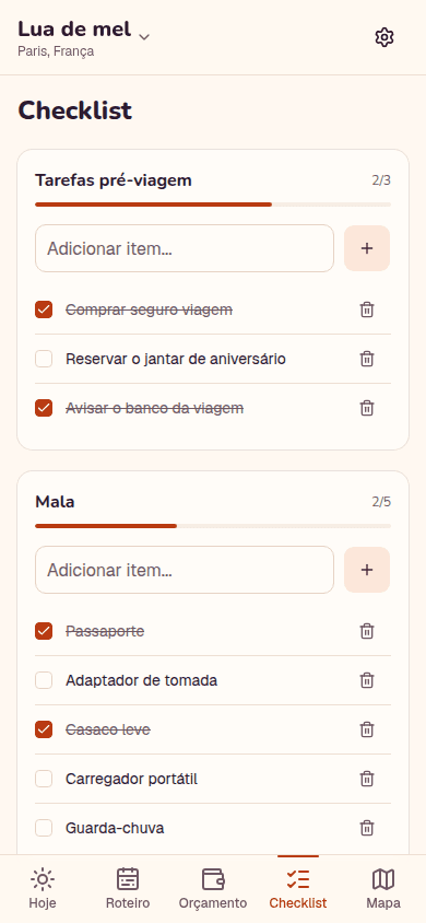 Tela de checklist com as tarefas pré-viagem e os itens da mala